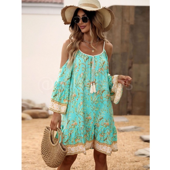 Mint Green Cold Shoulder Tassel Detail Loose Fitting Mini Dress Short Floral - Picture 2 of 10